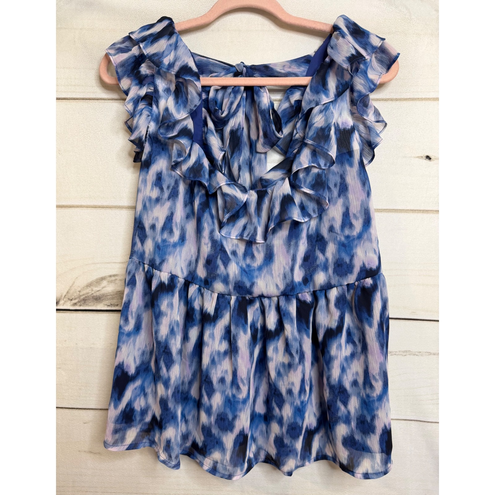 Banana Republic Blue Abstract Ikat Ruffle Peplum Tie Back Blouse L Boho Ikat